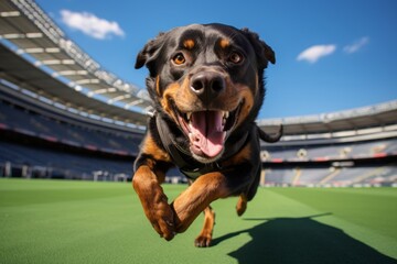 Poster - Environmental portrait photography of a happy rottweiler running against sports stadiums background. With generative AI technology