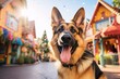 Headshot portrait photography of a happy german shepherd wagging its tail against colorful neighborhoods background. With generative AI technology