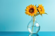  A Vase With Two Sunflowers In It On A Blue Surface With A Reflection Of The Vase In The Water.