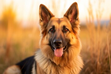 Poster - Medium shot portrait photography of a smiling german shepherd being at a dog park against wildlife refuges background. With generative AI technology