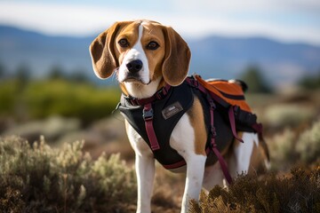 Wall Mural - Headshot portrait photography of a cute beagle carrying a backpack against wildlife refuges background. With generative AI technology