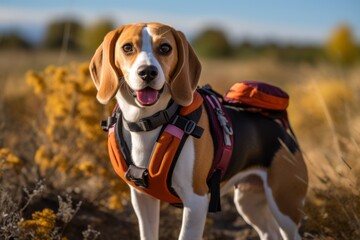 Sticker - Headshot portrait photography of a cute beagle carrying a backpack against wildlife refuges background. With generative AI technology