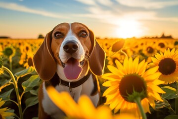 Sticker - Headshot portrait photography of a curious beagle being at a spa against sunflower fields background. With generative AI technology