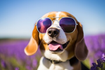 Wall Mural - Close-up portrait photography of a smiling beagle wearing a trendy sunglasses against lavender fields background. With generative AI technology