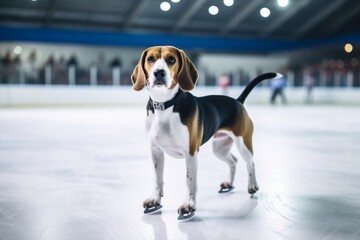 Wall Mural - Lifestyle portrait photography of a cute beagle standing on hind legs against ice skating rinks background. With generative AI technology