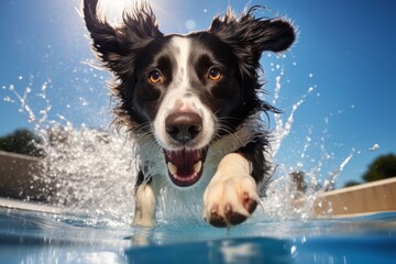 Poster - Close-up portrait photography of a cute border collie splashing in a pool against race tracks background. With generative AI technology