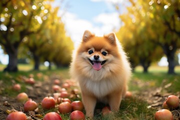 Poster - Environmental portrait photography of a funny pomeranian being at a dog park against apple orchards background. With generative AI technology