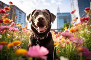 Wall Mural - Lifestyle portrait photography of a cute labrador retriever being in a field of flowers against urban rooftop gardens background. With generative AI technology