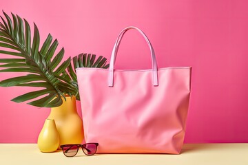 Wall Mural -  a pink tote bag sitting next to a yellow vase with a green plant in it on a pink background.