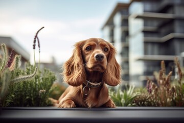 Wall Mural - Lifestyle portrait photography of a curious cocker spaniel sitting on a bench against urban rooftop gardens background. With generative AI technology