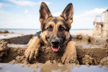 Canvas Print - Headshot portrait photography of a cute german shepherd building a sandcastle against canals and waterways background. With generative AI technology