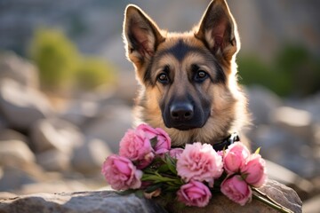 Sticker - Headshot portrait photography of a curious german shepherd having a bouquet of flowers against rock formations background. With generative AI technology