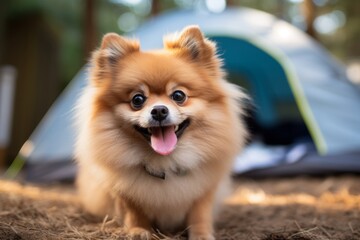 Sticker - Headshot portrait photography of a funny pomeranian camping against outdoor mazes background. With generative AI technology