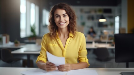 Young beautiful woman in yellow shirt studying on desk looking to camera in modern office