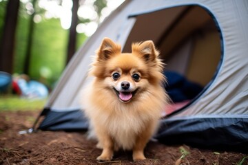 Sticker - Headshot portrait photography of a funny pomeranian camping against outdoor mazes background. With generative AI technology