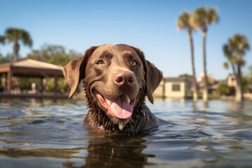 Sticker - Lifestyle portrait photography of a funny labrador retriever swimming in a lake against old movie sets background. With generative AI technology