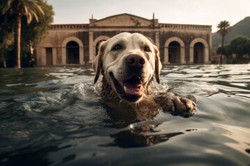 Poster - Lifestyle portrait photography of a funny labrador retriever swimming in a lake against old movie sets background. With generative AI technology