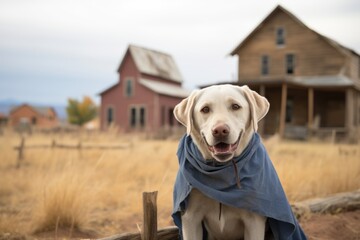 Canvas Print - Headshot portrait photography of a happy labrador retriever wearing a halloween costume against ghost towns background. With generative AI technology