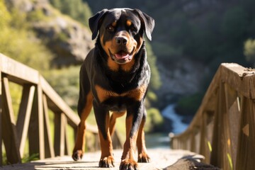 Wall Mural - Full-length portrait photography of a happy rottweiler walking against natural arches and bridges background. With generative AI technology