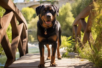 Wall Mural - Full-length portrait photography of a happy rottweiler walking against natural arches and bridges background. With generative AI technology