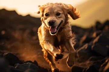 Sticker - Environmental portrait photography of a funny golden retriever running against volcanoes and lava fields background. With generative AI technology