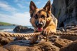 Environmental portrait photography of a curious german shepherd playing tug-of-war against seaside cliffs background. With generative AI technology