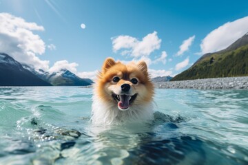 Canvas Print - Lifestyle portrait photography of a happy pomeranian swimming in a lake against glaciers and ice caves background. With generative AI technology