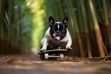 Wall Mural - Medium shot portrait photography of a cute french bulldog skateboarding against bamboo forests background. With generative AI technology