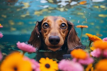 Poster - Environmental portrait photography of a smiling dachshund swimming against colorful flower gardens background. With generative AI technology