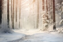  A Path Through A Snow Covered Forest With Lots Of Trees On Either Side Of It And The Sun Shining Through The Trees.