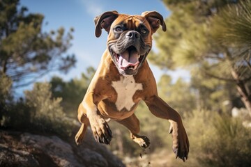 Wall Mural - Lifestyle portrait photography of a happy boxer dog jumping over an obstacle against birdwatching spots background. With generative AI technology