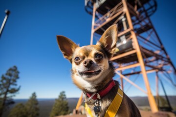 Sticker - Medium shot portrait photography of a cute chihuahua being on a mountain peak against fire lookout towers background. With generative AI technology