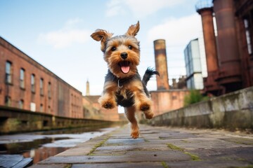 Wall Mural - Lifestyle portrait photography of a funny yorkshire terrier jumping against old mills and factories background. With generative AI technology