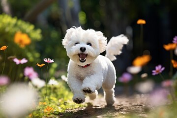 Canvas Print - Environmental portrait photography of a happy bichon frise running against butterfly gardens background. With generative AI technology