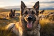 Lifestyle portrait photography of a smiling german shepherd scratching the body against bison ranges background. With generative AI technology