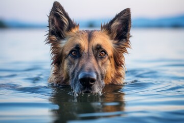 Wall Mural - Headshot portrait photography of a curious german shepherd swimming in a lake against bison ranges background. With generative AI technology