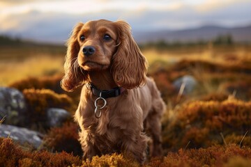 Sticker - Environmental portrait photography of a cute cocker spaniel wearing a collar against tundra landscapes background. With generative AI technology