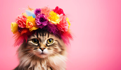 Tabby cat in a floral hat with feathers on a pink background with copy space 