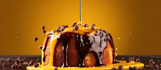 Canvas Print - background of the cozy kitchen, a gourmet dish took shape as a healthy yellow breakfast cake, sprinkled with chocolate and drizzled with honey, making it a nutritious dessert or a sweet snack option