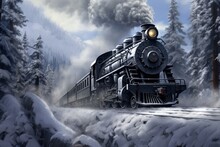  A Painting Of A Train Traveling Through A Snowy Forest With Snow On The Ground And Trees In The Foreground.