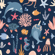 Seamless pattern of cute sea creatures, seaweed and corals, vector illustration in flat style, cartoon textile ornament