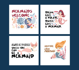 Set of pre-made compositions with cute mermaids under the sea among the seaweed, corals and sea creatures, saying about the mermaids, vector hand drawn illustrations for posters, cards, textile prints
