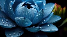 Beautiful Blue Lotus Flower With Water Drops On Black Background. Spa Concept. Springtime Concept With Copy Space.