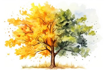 a watercolor painting of a tree with yellow, green, and red leaves on it's leaves are falling off of