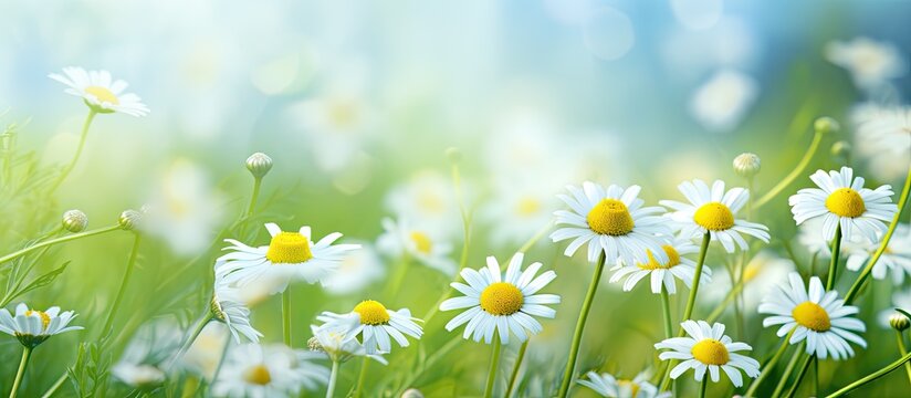 In the springtime, the beautiful chamomile flower emerges, showcasing its delicate petals and intricate texture, truly a natural art in the floral world. Its vibrant color and graphic beauty add to
