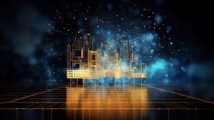 Poster - digital informational technology web futuristic hologram with cloud icon, blue golden light digits a