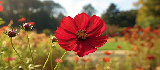 in the horizontal frame of the photography, the close-up image of a vibrant red cosmos flower head t