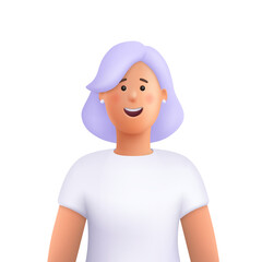 Young smiling woman avatar with purple hair. 3d vector people character illustration. Cartoon minimal style.