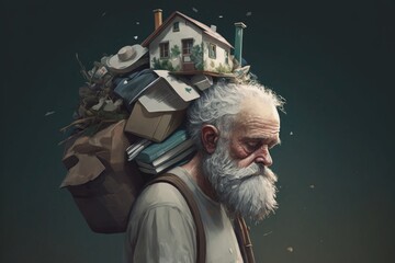 Wall Mural - Old man with a lot of books and a house in his head