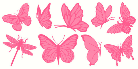 Pink butterfly and dragonfly hand drawn design vector